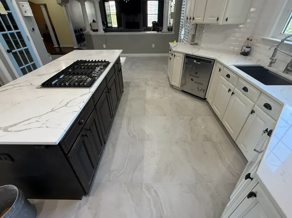 Light veined-tile kitchen floor